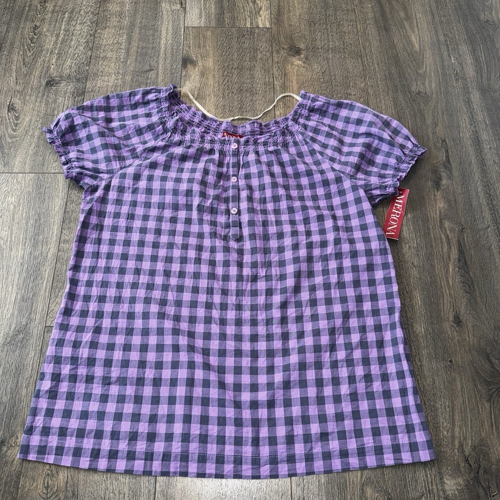Merona Women's XL Purple Gingham Plaid Blouse Cap Sleeve Boho Cowgirl Cottage
